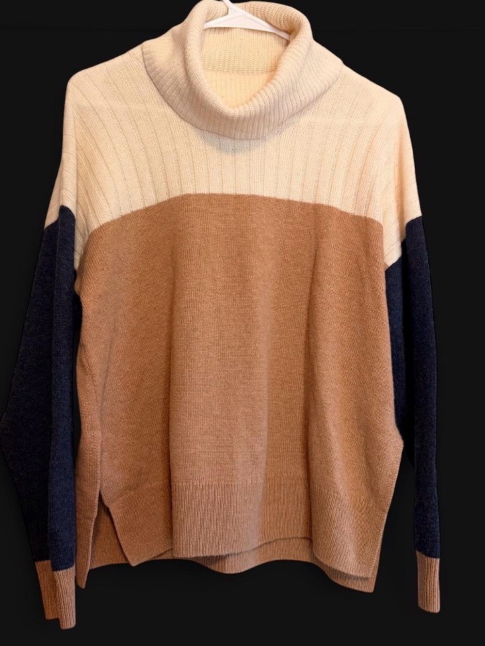Madewell Wool Blend Colorblock Turtleneck Sweater in Cream, Camel & Navy Small